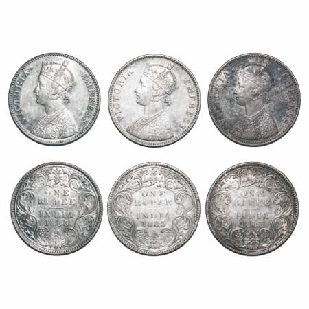Victoria Empress, Silver, Rupee, (3 coins), 1883, Bombay Mint, 1) A3/I, Dot, Flat 1, 2 & 3