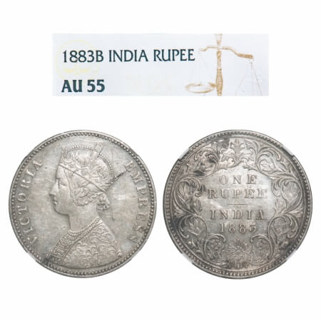 Victoria Empress, Silver, Rupee, 1883, Bombay Mint, A3/I, 'B' raised and dot, Dual mint ma