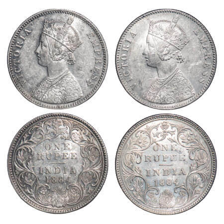 Victoria Empress, Silver, Rupee, (2 coins), 1884, Bombay Mint, 1) A3/II(i), 'B' raised(bot