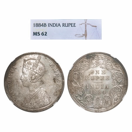 Victoria Empress, Silver, Rupee, 1884, Bombay Mint, A3/I, 'B' raised, Die rotation on Rev,