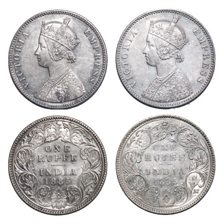 Victoria Empress, Silver, Rupee, (2 coins), 1885, 1) Bombay Mint, A3/II(i), 'B' raised, to