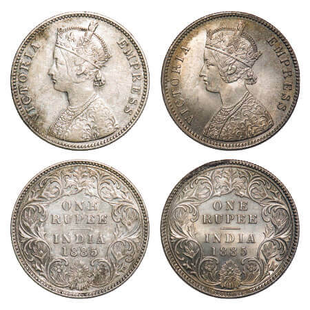 Victoria Empress, Silver, Rupee, (2 coins), 1885, 1) Bombay Mint, A3/I, 'B' raised, Flat 1