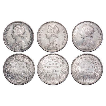 Victoria Empress, Silver, Rupee, (3 coins), 1886, Bombay Mint, Flat 1, 1) C2/I, 'B' incuse