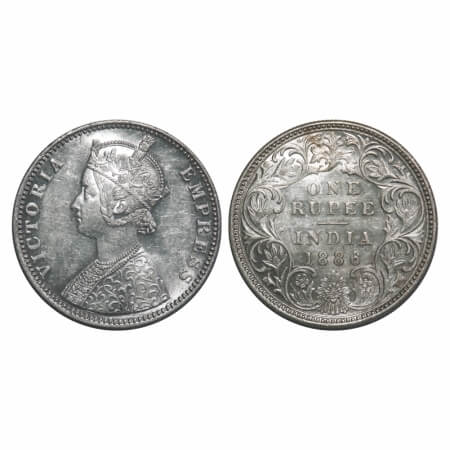 Victoria Empress, Silver, Rupee, 1886, Bombay Mint, C2/I(i), 'B' incused, Ghost on Rev, Fl