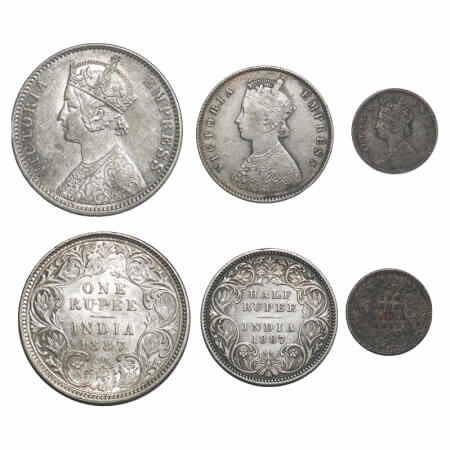 Victoria Empress, Silver, 1887 (3 coins), Calcutta Mint, 1) Rupee, C3/I(i), 'C' incused, T