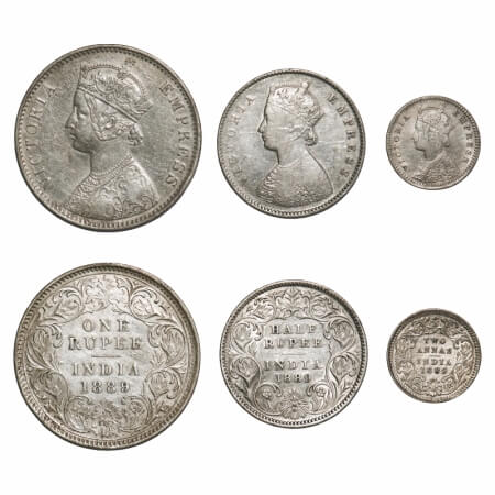 Victoria Empress, Silver, 1889 (3 coins), Calcutta Mint, 1) Rupee, C3/I(i), 'C' incused, F