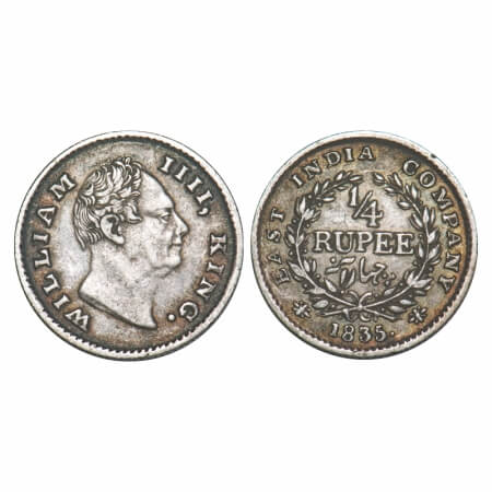 William IV, Silver, 1/4 Rupee, 1835, Calcutta Mint, A/III, 'F' raised, Wreath with 18 Berr