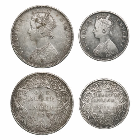 Victoria Empress, Silver, 1893 (2 coins), Bombay Mint, 1) Rupee, C2/I(ii), 'B' incused, Fl