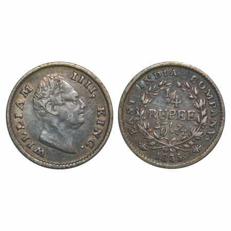 William IV, Silver, 1/4 Rupee, 1835, Calcutta Mint, A/III, 'F' raised, Wreath with 18 Berr