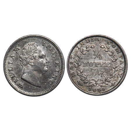 William IV, Silver, 1/4 Rupee, 1835, Bombay Mint, A/I, No initials, Rev aligned, Wreath wi