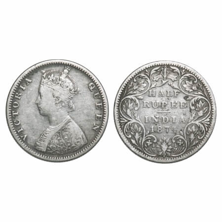 Victoria Queen, Silver, Half Rupee, 1874, Bombay Mint, B2/II, Dot. F. Prid 285. GK 600. Fi