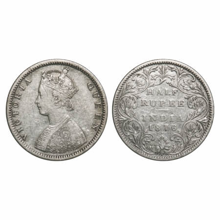 Victoria Queen, Silver, Half Rupee, 1876, Bombay Mint, B2/II, Dot. F. Prid 287. GK 606. Ve