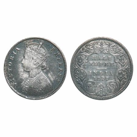 Victoria Empress, Silver, Half Rupee, 1877, Calcutta Mint, A/I, No Mint mark. F. Prid 261.