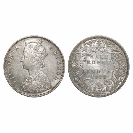 Victoria Empress, Silver, Half Rupee, 1877, Calcutta Mint, A/I, No Mint mark, Die crack on