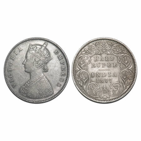 Victoria Empress, Silver, Half Rupee, 1877, Calcutta Mint, A/I, No Mint mark. F. Prid 261.