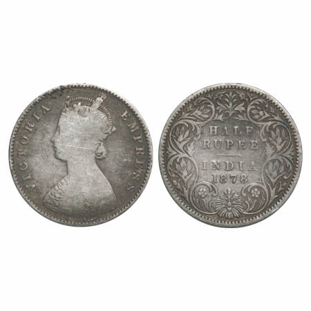 Victoria Empress, Silver, Half Rupee, 1878, Calcutta Mint, A/I, No mint mark. F. Prid 262.