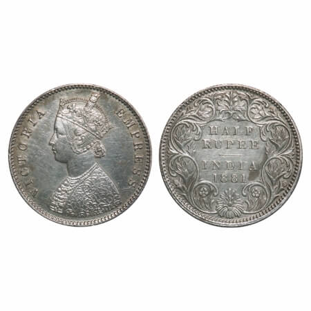 Victoria Empress, Silver, Half Rupee, 1881, Calcutta Mint, A/I, 'C' incused. F. Prid 265. 