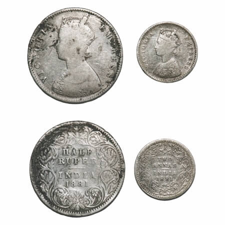 Victoria Empress, Silver, 1881, (2 coins), 1) Half Rupee, Calcutta Mint, A/I, ‘C’ incused,