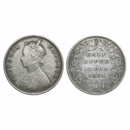 Victoria Empress, Silver, Half Rupee, 1884, Bombay Mint, A/II, Dot. F. Prid 292. GK 625. V