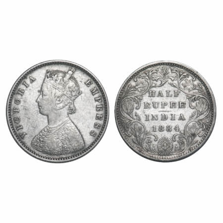 Victoria Empress, Silver, Half Rupee, 1884, Bombay Mint, A/II, Dot. F. Prid 292. GK 625. V