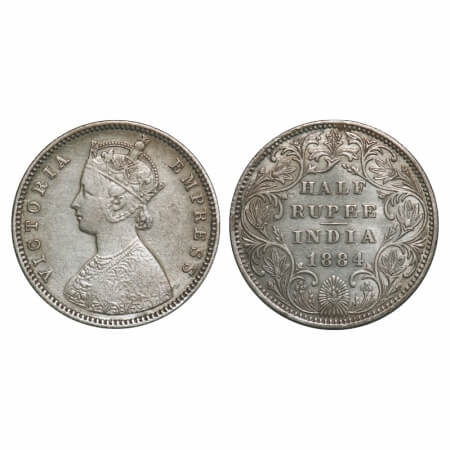 Victoria Empress, Silver, Half Rupee, 1884, Bombay Mint, A/II, No dot, Centre verticle str