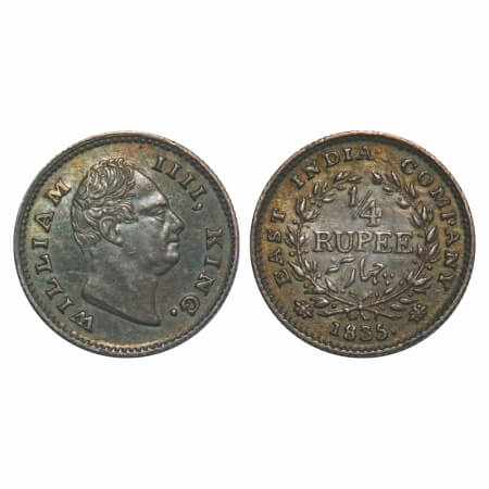 William IV, Silver, 1/4 Rupee, 1835, Bombay Mint, A/I, No initials, Rev aligned, Wreath wi