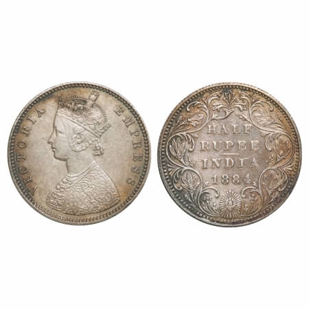 Victoria Empress, Silver, Half Rupee, 1884, Bombay Mint, A/II, No dot, Centre vertical str
