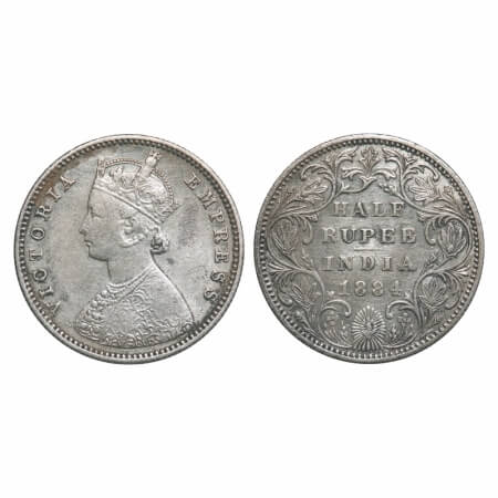 Victoria Empress, Silver, Half Rupee, 1884, Bombay Mint, A/II(i), No dot, Centre verticle 