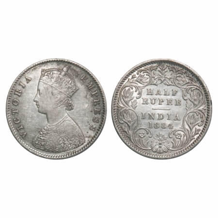 Victoria Empress, Silver, Half Rupee, 1884, Calcutta Mint, A/I, 'C' incused. F. Prid 268. 
