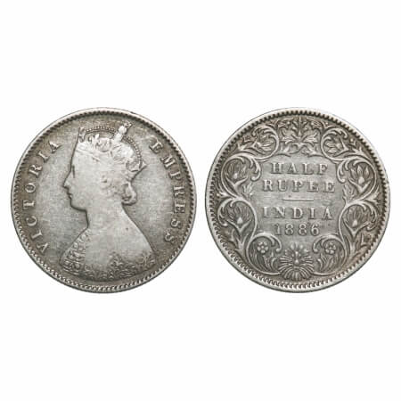 Victoria Empress, Silver, Half Rupee, 1886, Calcutta Mint, A/I, 'C' incused. F. Prid 270.