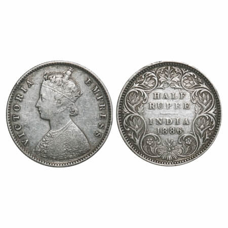 Victoria Empress, Silver, Half Rupee, 1886, Calcutta Mint, A/I, ‘C’ incused. F. Prid 270. 