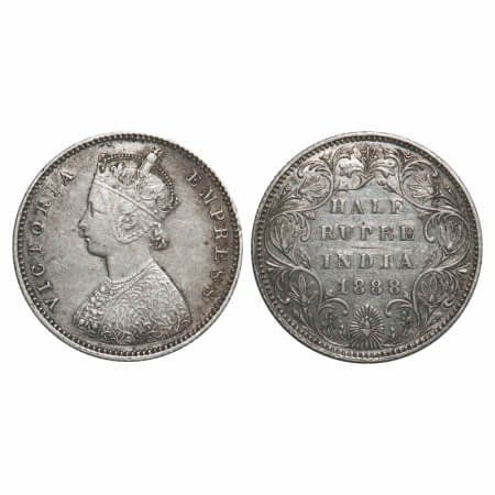 Victoria Empress, Silver, Half Rupee, 1888, Bombay Mint, A/II(i), No mint mark, w/o 'B' ma