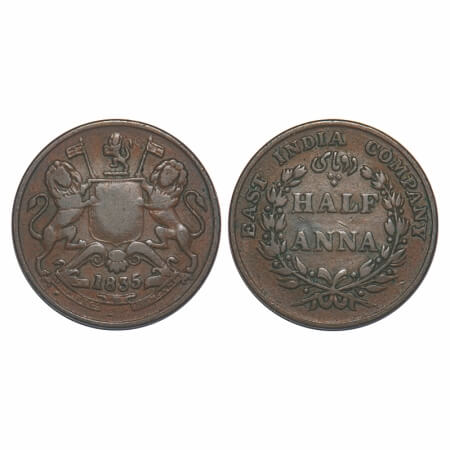 William IV, Copper, Half Anna, 1835, Madras Mint, Wreath with 20 Berries (10L + 10R), Flat