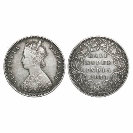 Victoria Empress, Silver, Half Rupee, 1888, Bombay Mint, A/II(i), 'B' raised. F. Prid 298.