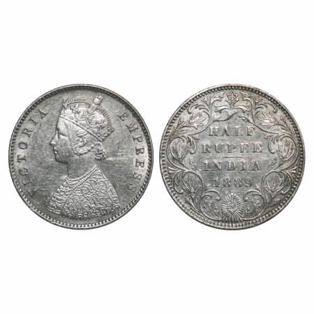 Victoria Empress, Silver, Half Rupee, 1889, Bombay Mint, A/II(i), 'B' raised. F. Prid 299.