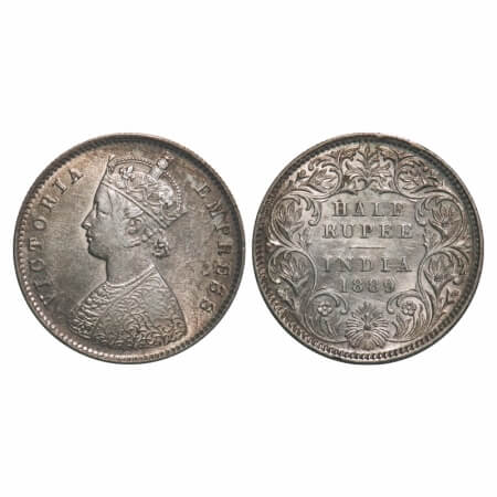 Victoria Empress, Silver, Half Rupee, 1889, Calcutta Mint, A/I, 'C' incused. F. Prid 273. 