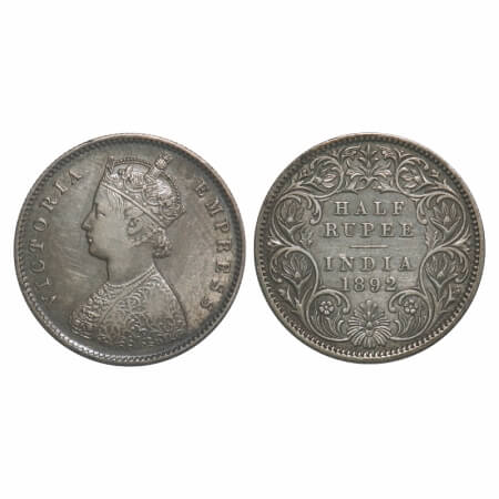 Victoria Empress, Silver, Half Rupee, 1892, Calcutta Mint, A/I, 'C' incused. F. Prid 276. 