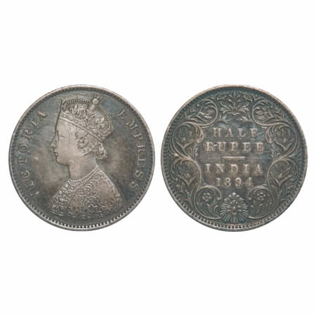 Victoria Empress, Silver, Half Rupee, 1894, Bombay Mint, A/I, 'B' incused. F. Prid 304. GK