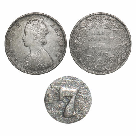 Victoria Empress, Silver, Half Rupee, 1897, Bombay Mint, A/I, 'B' incused, Traces of numer