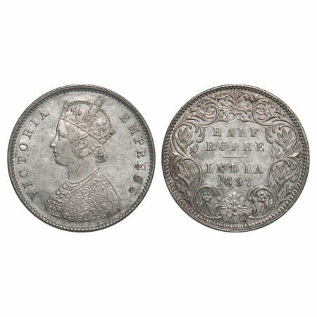Victoria Empress, Silver, Half Rupee, 1897, Bombay Mint, A/I, 'B' incused. F. Prid 305. GK