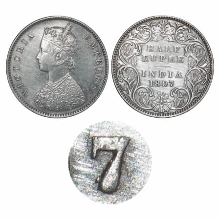 Victoria Empress, Silver, Half Rupee, 1897, Calcutta Mint, A/I, 'C' incused, Traces of num