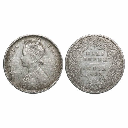 Victoria Empress, Silver, Half Rupee, 1898, Bombay Mint, A/I, 'B' incused, B incused inver