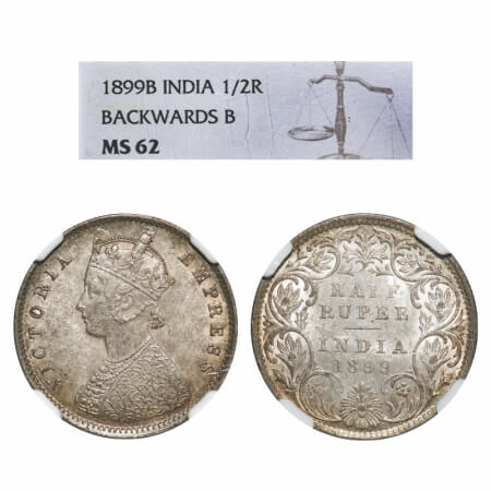 Victoria Empress, Silver, Half Rupee, 1899, Bombay Mint, A/I, 'B' incused, B incused inver