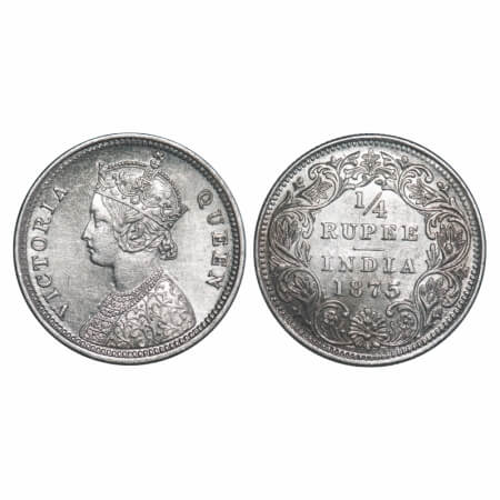 Victoria Queen, Silver, 1/4 Rupee, 1875, Bombay Mint, A/I, No dot, Ghost on Rev. F. Prid 4