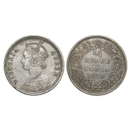 Victoria Queen, Silver, 1/4 Rupee, 1875, Bombay Mint, A/I, No dot, Nick on the Obv rim edg