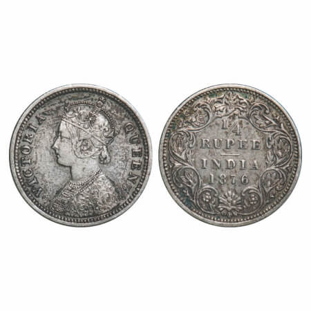 Victoria Queen, Silver, 1/4 Rupee, 1876, Bombay Mint, A/I, No dot. F. Prid 407. GK 668. Ve
