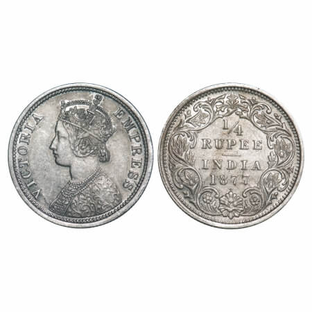 Victoria Empress, Silver, 1/4 Rupee, 1877, Bombay Mint, A/I, Dot. F. Prid 408. GK 670. Ext