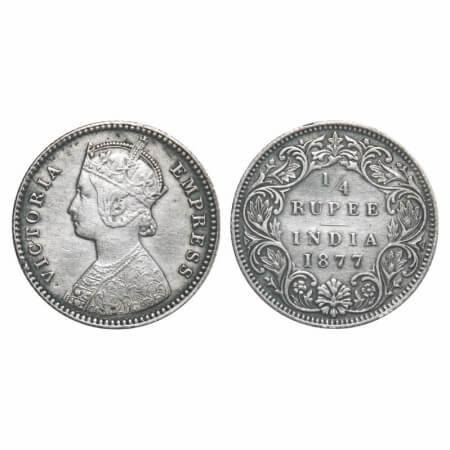 Victoria Empress, Silver, 1/4 Rupee, 1877, Calcutta Mint, B/I, No mint mark, No 'C'. F. Pr