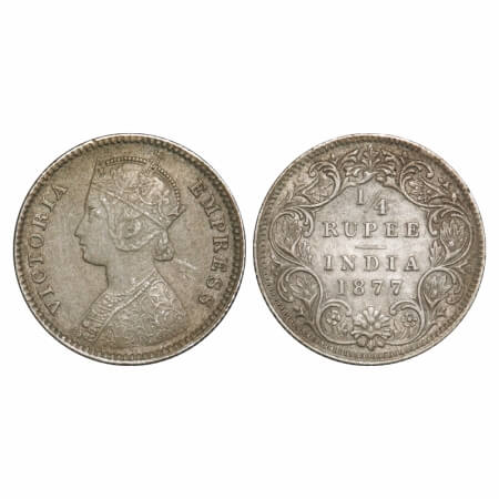 Victoria Empress, Silver, 1/4 Rupee, 1877, Calcutta Mint, B/I, No mint mark, No 'C' . F. P