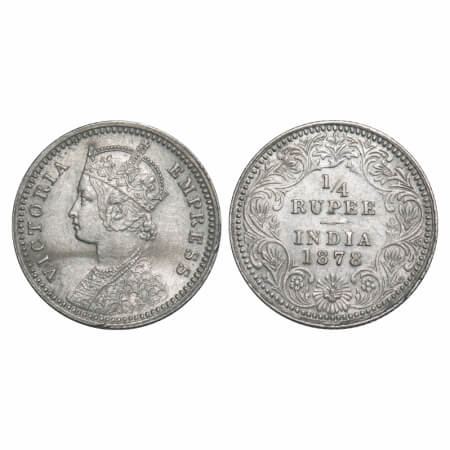 Victoria Empress, Silver, 1/4 Rupee, 1878, Calcutta Mint, C/II, No mint mark, No 'C' , Mec